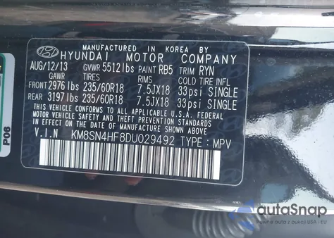 2013 Hyundai Santa Fe Gls z USA, uszkodzony, nr VIN KM8SN4HF8DU029492